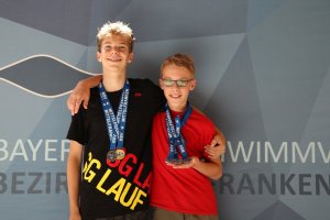 Florian Goltz und Nico Hutzler mit ihrer Medallienausbeute (1x Gold, 3x Silber, 1x Bronze) an den Mittelfränkischen Bezirksmeisterschaften Schwimmen 2018